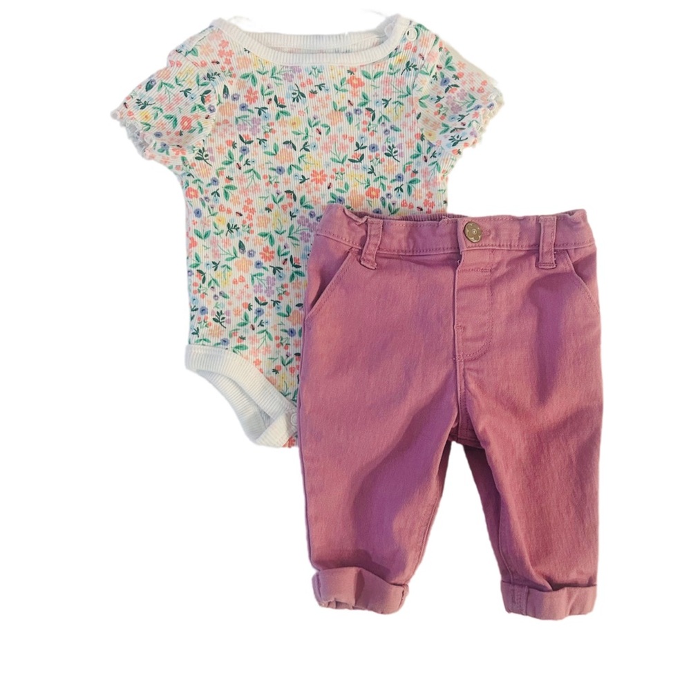 💖5/$25 SALE💖 0-3M Garanimals Baby Girl Floral Onesie Purple Jeans Set